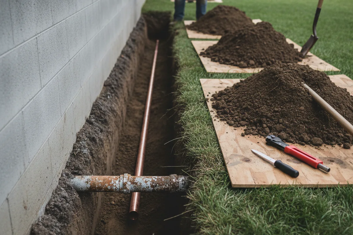 Excavated water line trench during Sewer Line Repair in Harrisville